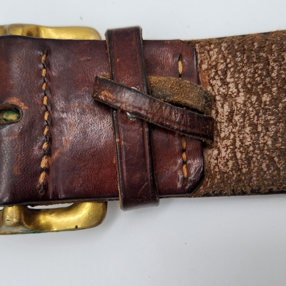 Brown Leather Belt Mens Size 36 Oil Tanned Harness Solid Brass Genuine Handmade - Picture 3 of 11